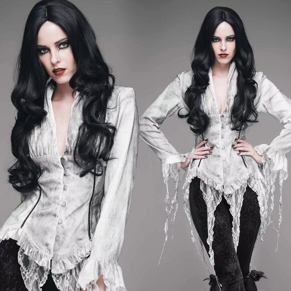 Midnight Séance Eva Lady Goth Gray White Airbrushed Victorian Lace Style Corset - Picture 1 of 10